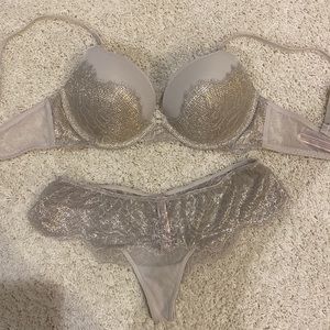 Victoria’s Secret push up bra panty set. Gold silver shine 34C bra - panty NWOT